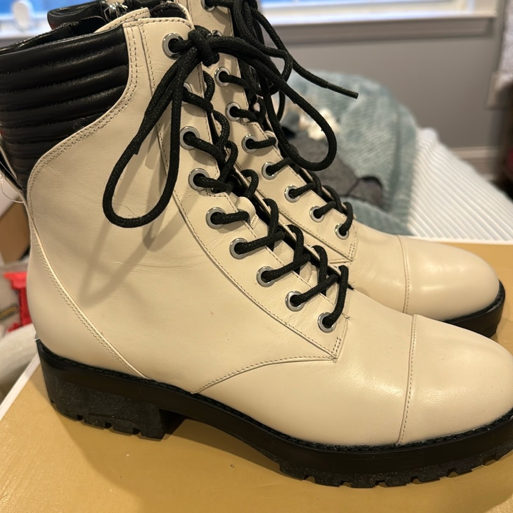 Michael Kors Cream and Black Lace-Up Leather Ankle Boots